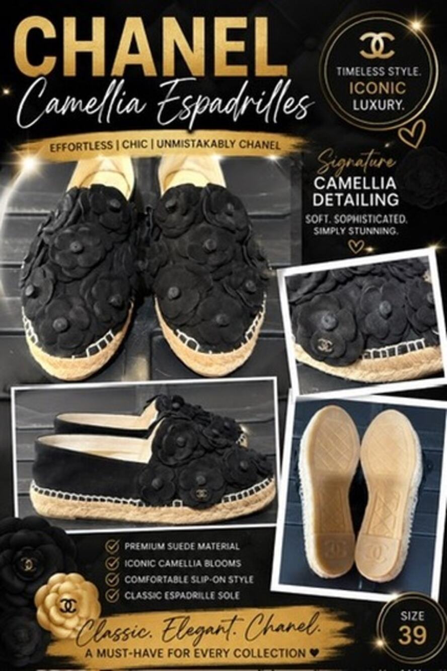 KB087 Chanel Black Suede Camellia Flower Espadrilles Sz 36 $1100